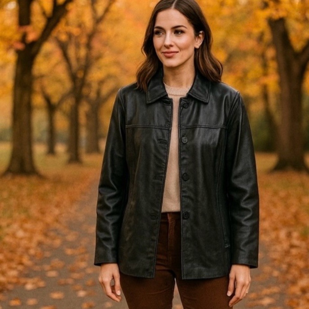 Dockers Black Leather Car Coat Jacket Women’s Medium